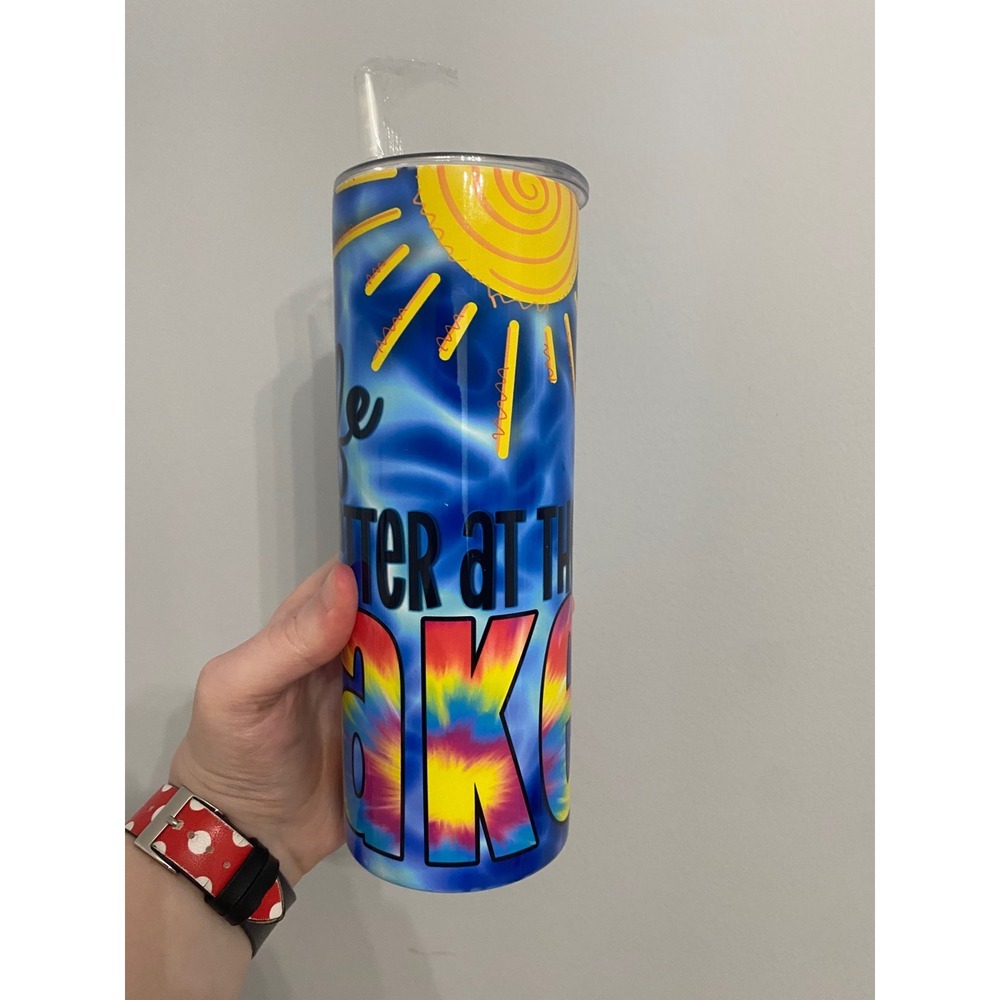 Life is Better at the Lake Tumbler Unisex OS Blue Tie Dye Insulated Skinny Mug - Picture 3 of 8
